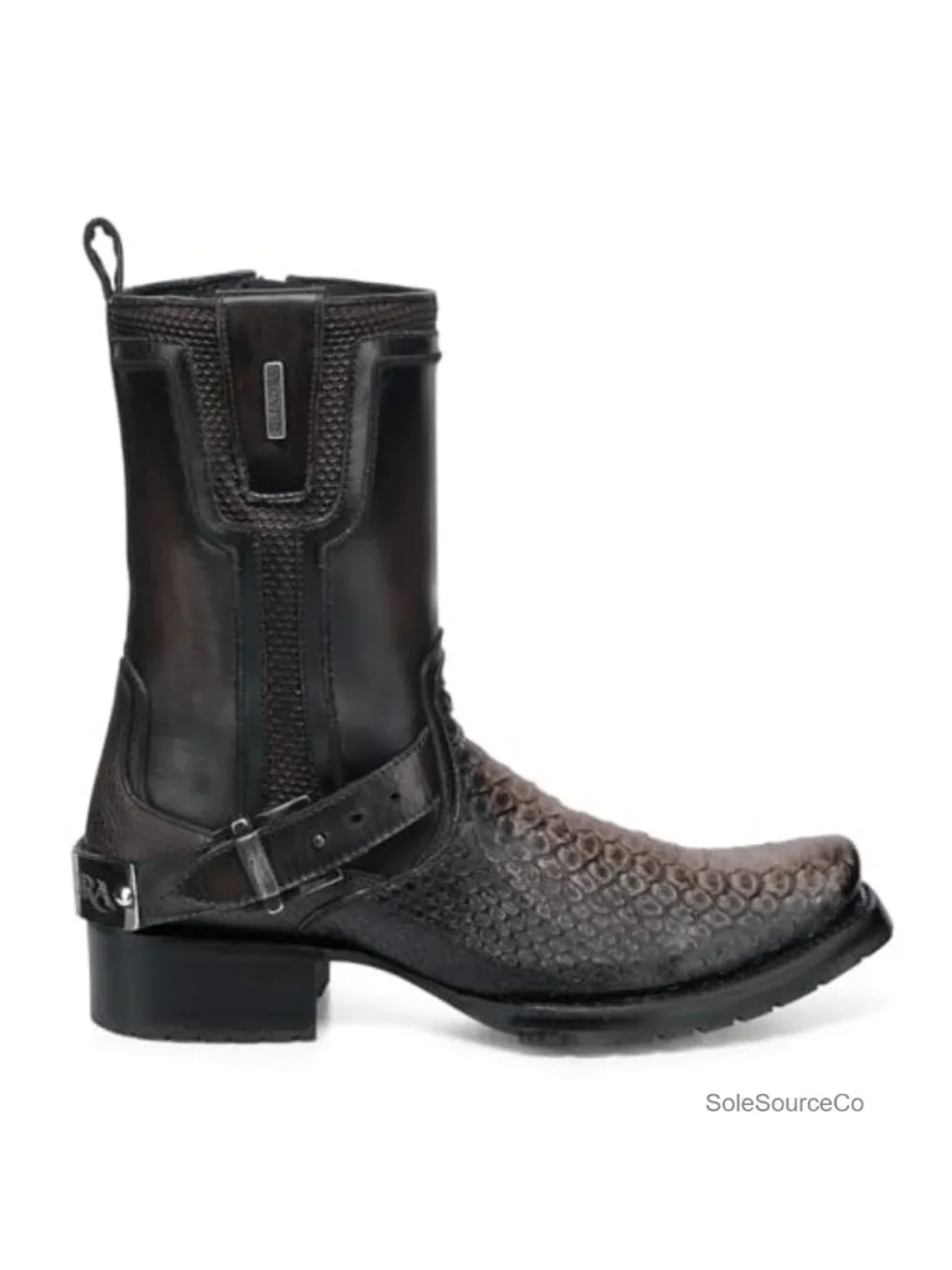 Python Leather Biker Boots Side Zip Almond Toe Cuban Heel Mid Calf